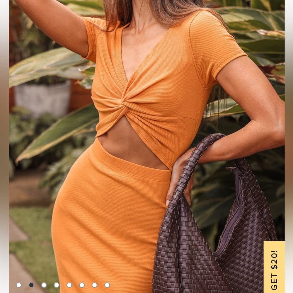 Lulus Style Twist Orange Twist Front Cutout Midi Dress View 2